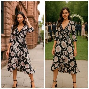 LULUS Black White Floral Ruffle Wrap Midi Dress 3/4 Sleeve Size Small NWT